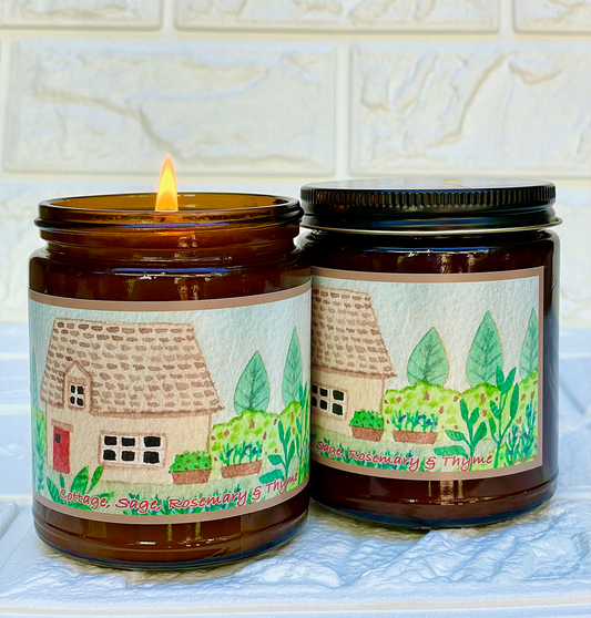 Cottage, Sage, Rosemary & Thyme | Essential Oil Candle in Amber Jar (9oz)